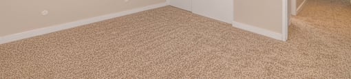 A room with a white door and carpeted floor.