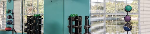 a fitness room with weights and a tv