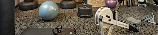 a large fitness room with weights a treadmill and other exercise equipment