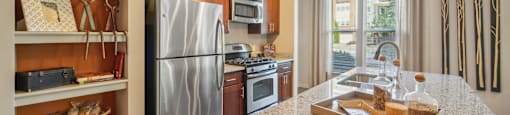 a kitchen with stainless steel appliances and granite counter tops
