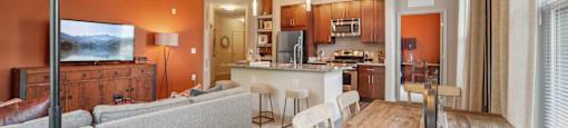 living room, dining room, and kitchen