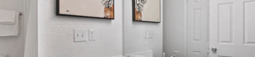A bathroom with a white sink and a mirror.