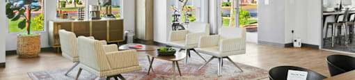 a communal area with chairs and tables