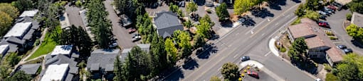 A bird's eye view of a residential area with houses and trees.