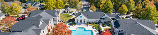 Aerial view of pool at Grand Oaks Apartments in Chester VA