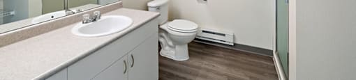 a bathroom with a toilet sink and shower