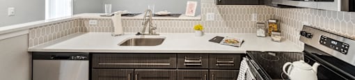 Kitchen with white counters and dark cabinets at England Run Apartments in Fredericksburg VA