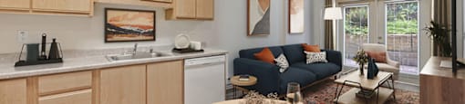 Digitally Staged Dining Area, Kitchen and living Room at Cedar Park Apartments in Seattle WA