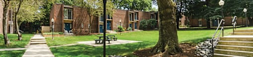Grassy courtyard and walkway at University Heights in Providence RI