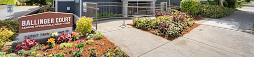 Exterior Monument Sign and Leasing Office at Ballinger Court Senior Apartments in Edmonds, WA