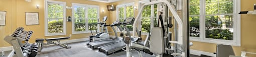 Fitness center at Falls Pointe at the Park Apartments in Durham NC