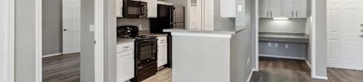 Kitchen and Living room at The Sorento Apartments in San Antonio TX