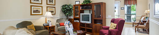 Lounge seating area with television at Parkway Senior Apartments in Pasadena TX