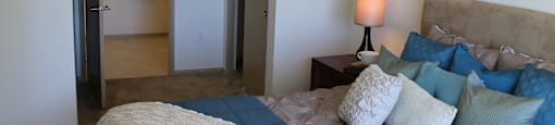 Model Bedroom Looking to Bathroom at The Lodge at Morgan Hills Apartments in Morgan Hill CA
