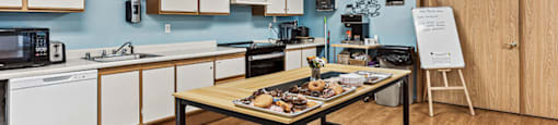 Social lounge kitchen at Woodrose Senior Affordable Apartments in Bellingham WA