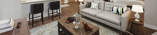 Model living room and Kitchen at Meridian Court Apartments in Federal Way WA