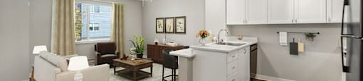 Model Kitchen and Living Room at Meridian Court Apartments in Federal Way WA