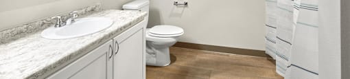 Federal Way Apartments - Meridian Court - Large Mirror, Grey Countertops, and Wood-Style Floors