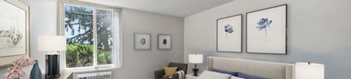 Bedroom with bed and digitally staged furniture at Ridgemoor Apartment Homes in Lakewood CO