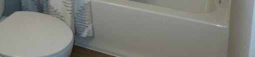 A white toilet sits next to a bathtub in a bathroom.