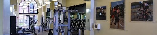 Luxury apartments with huge fitness center with multiple varieties of workout equipment, free weights, yoga and spin rooms at The Lanesborough Apartments in Houston