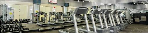 Luxury apartments with huge fitness center with multiple varieties of workout equipment, free weights, yoga and spin rooms at The Lanesborough Apartments in Houston.