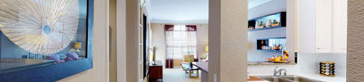 Spacious living room, spacious dining room, kitchen with granite countertops, white cabinets, and breakfast bar at Tuscany Court Apartments in Houston.