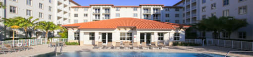 A large swimming pool in the front
