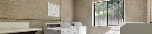 Apartments for Rent in Sherman Oaks, CA- Brody Terrace- Communal Laundry Room Washer and Dryer Units with Tile Floors and Spacious Window