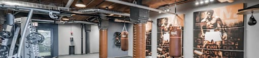 Chicago luxury apartment fitness center gym amenity with treadmills, bikes, boxing punching bag, free weights, and ellipticals