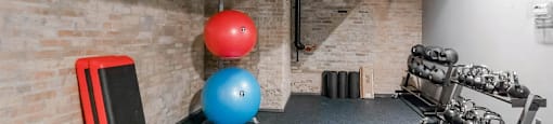 Chicago luxury apartment fitness center gym amenity with yoga studio and free weights