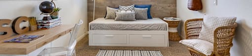 bedroom in The Village at South Coast Apartment Homes in Costa Mesa, California.