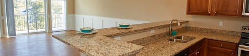 a kitchen with a counter top and a sink