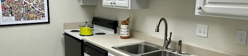 a kitchen with white cabinets and a black dishwasher
