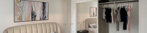 a bedroom with a bed and a closet
