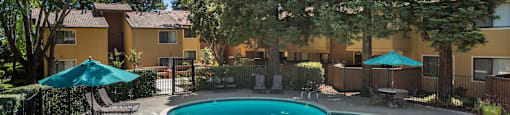 our apartments have a large swimming pool and a patio with umbrellas