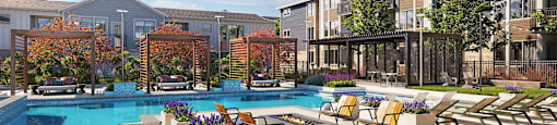 A pool surrounded by chairs and trees in front of apartment buildings.