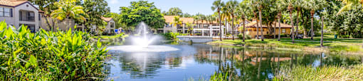 A fountain in the middle of a grassy area with houses in the background.
