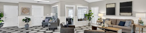 A spacious living room with a patterned floor and a chandelier. at Cascades at Clear Lake Apartments, Florida, 33908