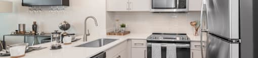 White cabinetry kitchen stainless steel appliances at North Harbor Tower, Illinois, 60601
