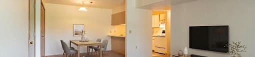 A living room with a grey couch and a glass coffee table.