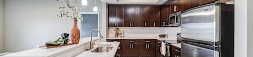 1 Bedroom Apartments in Northland, Kansas City MO - Zona Rosa - Kitchen with Stainless Steel Appliances, Hardwood Floors, & Quartz Countertops
