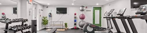 A gym with treadmills, exercise balls, and weights.