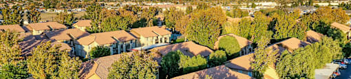 a neighborhood of houses with trees and mountains in the background