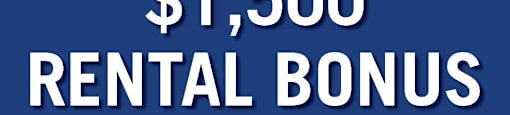 A blue advertisement for a $1,500 rental bonus on select suites at Realstar.