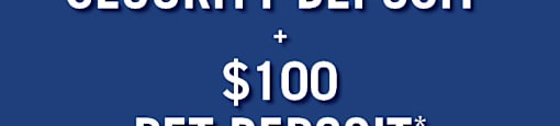 A blue background with text advertising a $500 security deposit and a $100 pet deposit.