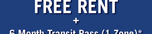 A blue advertisement for a one month free rent and a 6 month transit pass.