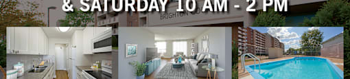 A flyer advertises an open house with free one-month rent on select suites.