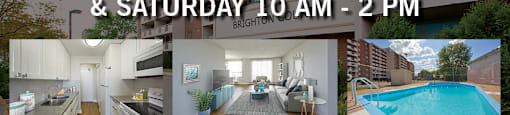 A flyer advertises open house events on Wednesdays and Saturdays, with incentives for renting.