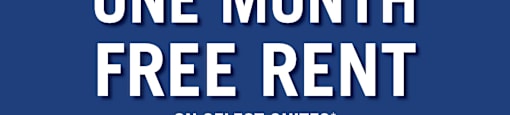 A blue advertisement for a limited time offer of one month free rent on select suites.